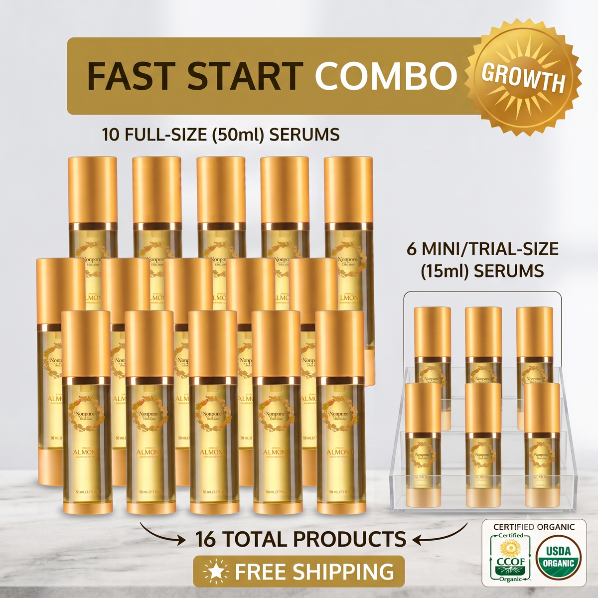 Fast Start Combo (Nonpareil Serum-Moisturizer) 10 full-size, 6 mini/trial-size